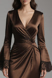 Long Sleeve Ruched Coffee Midi Formal Dress with Lace