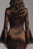 Long Sleeve Ruched Coffee Midi Formal Dress with Lace