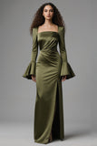 Olive Square Neck Satin Formal Dress with Slit
