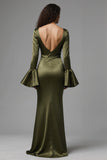 Olive Square Neck Satin Formal Dress with Slit