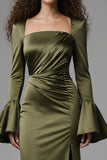 Olive Square Neck Satin Formal Dress with Slit