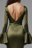 Olive Square Neck Satin Formal Dress with Slit