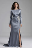 Long Sleeve Dusty Blue Mermaid Satin Formal Dress