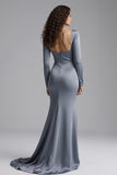 Long Sleeve Dusty Blue Mermaid Satin Formal Dress