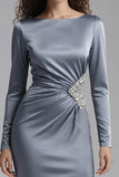 Long Sleeve Dusty Blue Mermaid Satin Formal Dress