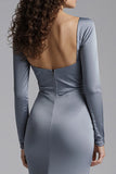 Long Sleeve Dusty Blue Mermaid Satin Formal Dress