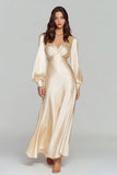 Champagne Long Sleeve V Neck Satin Formal Dress