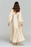 Champagne Long Sleeve V Neck Satin Formal Dress