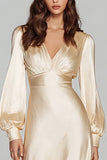 Champagne Long Sleeve V Neck Satin Formal Dress