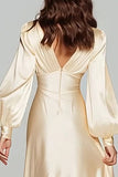 Champagne Long Sleeve V Neck Satin Formal Dress