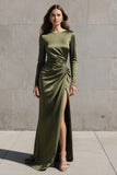 Round Neck Olive Ruched Satin Long Formal Dress