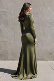 Round Neck Olive Ruched Satin Long Formal Dress