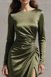 Round Neck Olive Ruched Satin Long Formal Dress