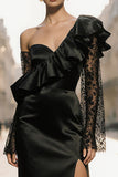 One Shoulder Black Ruffled Lace Formal Dress