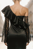 One Shoulder Black Ruffled Lace Formal Dress