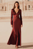Burgundy Mermaid V Neck Satin Long Formal Dress