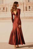 Burgundy Mermaid V Neck Satin Long Formal Dress