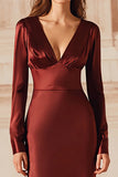 Burgundy Mermaid V Neck Satin Long Formal Dress