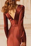 Burgundy Mermaid V Neck Satin Long Formal Dress
