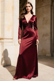 Burgundy Long Sleeve V Neck Satin Formal Dress