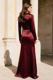 Burgundy Long Sleeve V Neck Satin Formal Dress