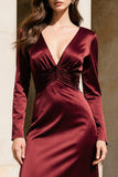 Burgundy Long Sleeve V Neck Satin Formal Dress