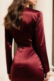 Burgundy Long Sleeve V Neck Satin Formal Dress