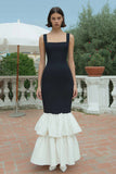Square Neck Ruffled Black and White Mermaid Formal Dress