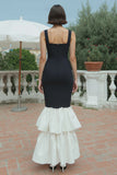 Square Neck Ruffled Black and White Mermaid Formal Dress