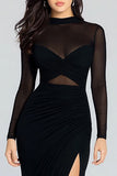 Illusion High Neck Sheath Ruched Black Tie Dress