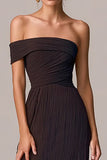 Coffee Asymmetrical Neck Sheath Pleated Evening Dress
