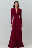 Burgundy Long Sleeve V Neck A Line Formal Dress