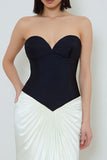 Black and White Strapless Ruched Corset Formal Dress