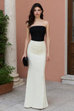 Strapless Black and White Ruched Long Formal Dress