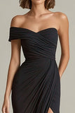Asymmetrical Neck Black Ruched Evening Dress