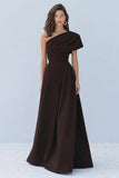 Coffee One Shoulder A Line Ruched Formal Dress