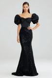 Sparkly Mermaid Black Puff Sleeve Evening Dress