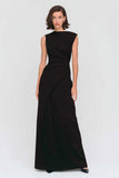 Black Bateau Neck A Line Ruched Formal Dress