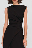 Black Bateau Neck A Line Ruched Formal Dress