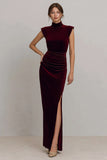 High Neck Velvet Burgundy Ruched Formal Dress