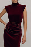 High Neck Velvet Burgundy Ruched Formal Dress