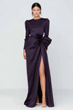 Round Neck Dark Purple Bowed Satin Formal Dress