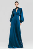 Dark Blue Long Sleeve V Neck A Line Formal Dress