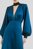Dark Blue Long Sleeve V Neck A Line Formal Dress