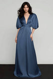Dark Blue Half Sleeve V Neck A Line Formal Dress