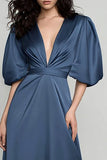 Dark Blue Half Sleeve V Neck A Line Formal Dress