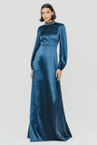 Dark Blue High Neck Beaded A Line Satin Formal Dress