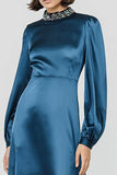 Dark Blue High Neck Beaded A Line Satin Formal Dress