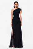 One Shoulder Black Ruched Evening Dress with Slit