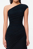 One Shoulder Black Ruched Evening Dress with Slit